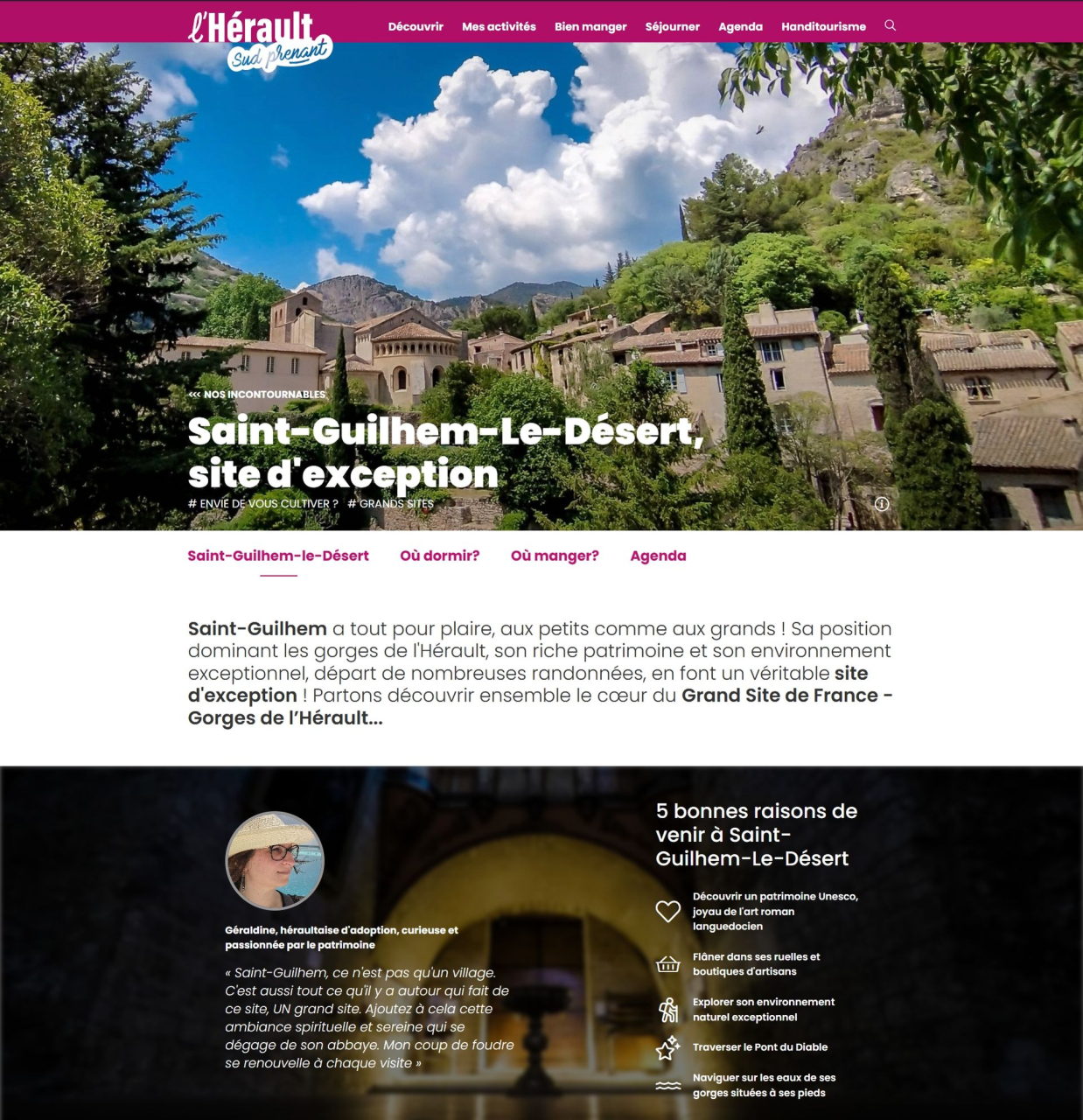 Capture d'écran d'une page éditoriale de type Reportage sur le site d'Hérault Tourisme
