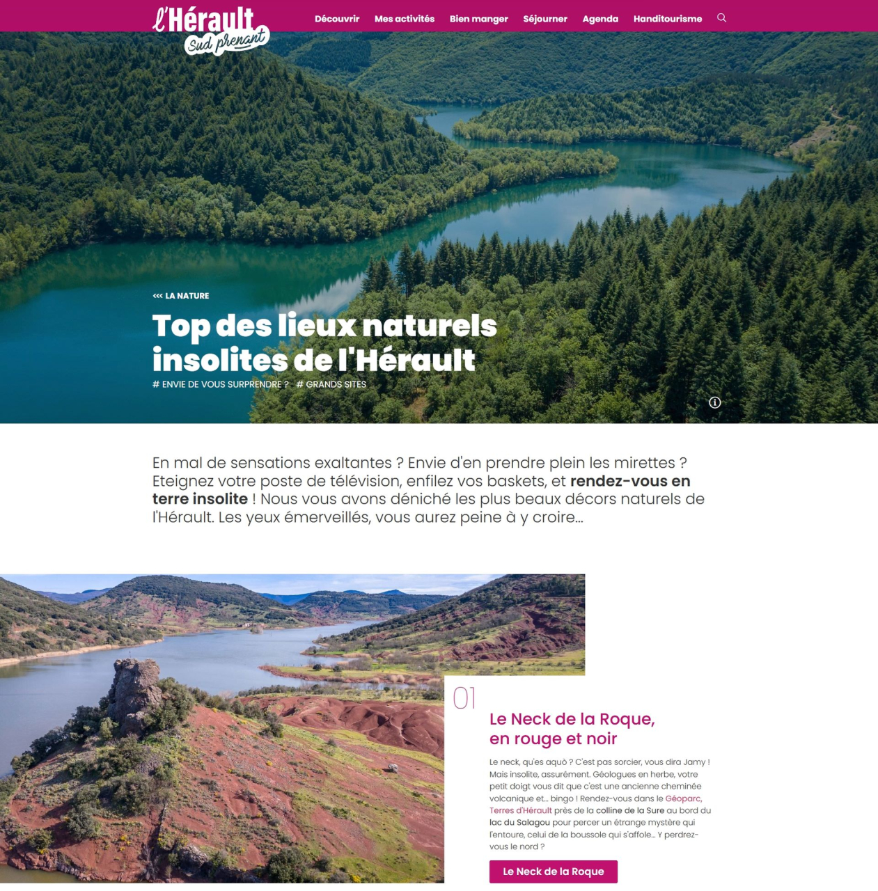 Capture d'écran d'une page éditoriale de type Top sur le site d'Hérault Tourisme