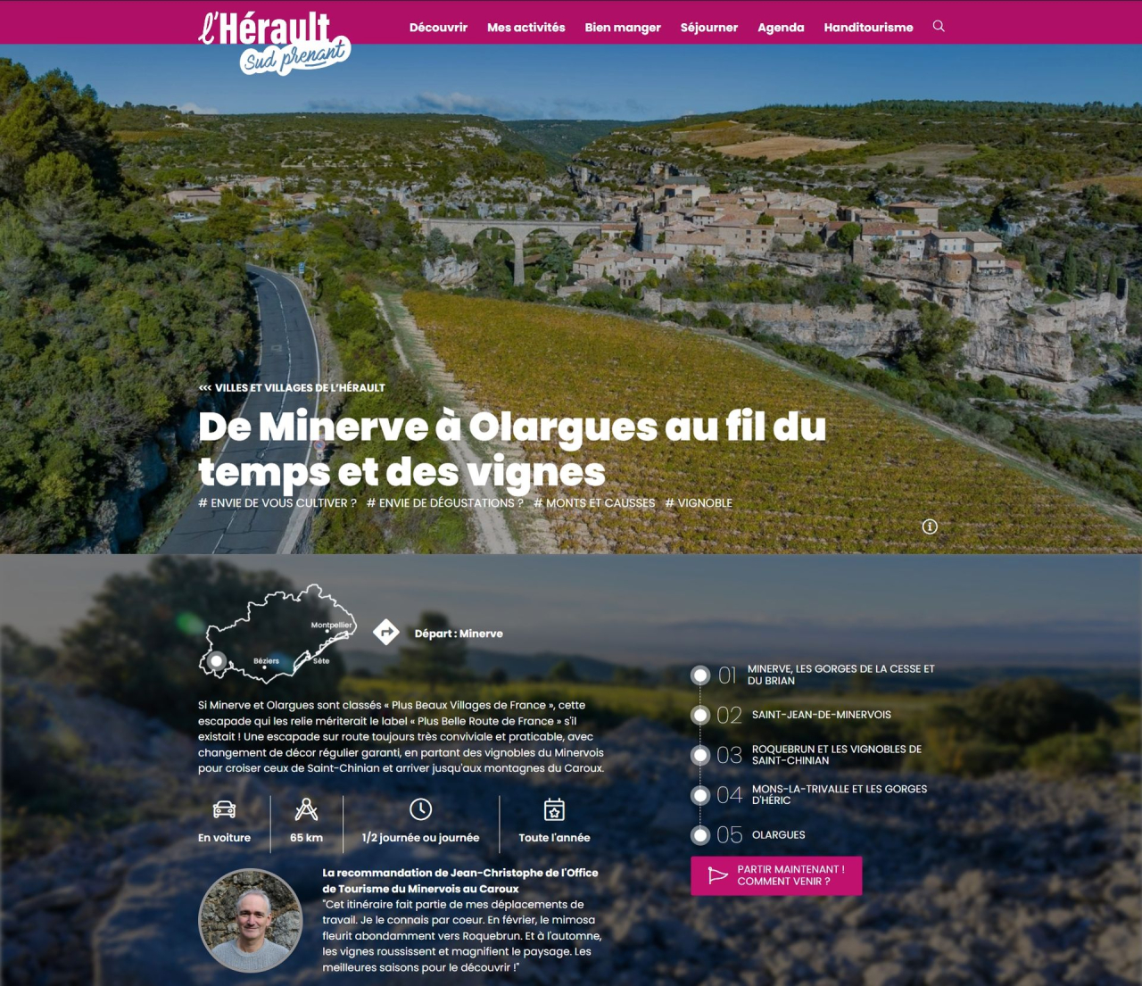 Capture d'écran d'une page éditoriale de type Escapade sur le site d'Hérault Tourisme