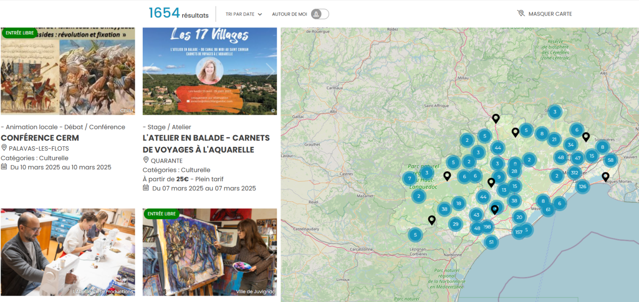 Capture d'écran listes Agenda sur herault-tourisme.com